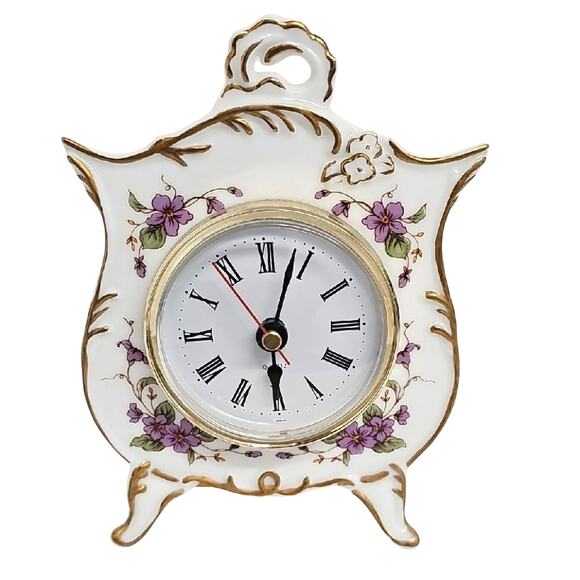 Lefton Vintage 1991 Set of Purple Floral China Dishes 2 Trinket Boxes and Clock - Picture 6 of 14